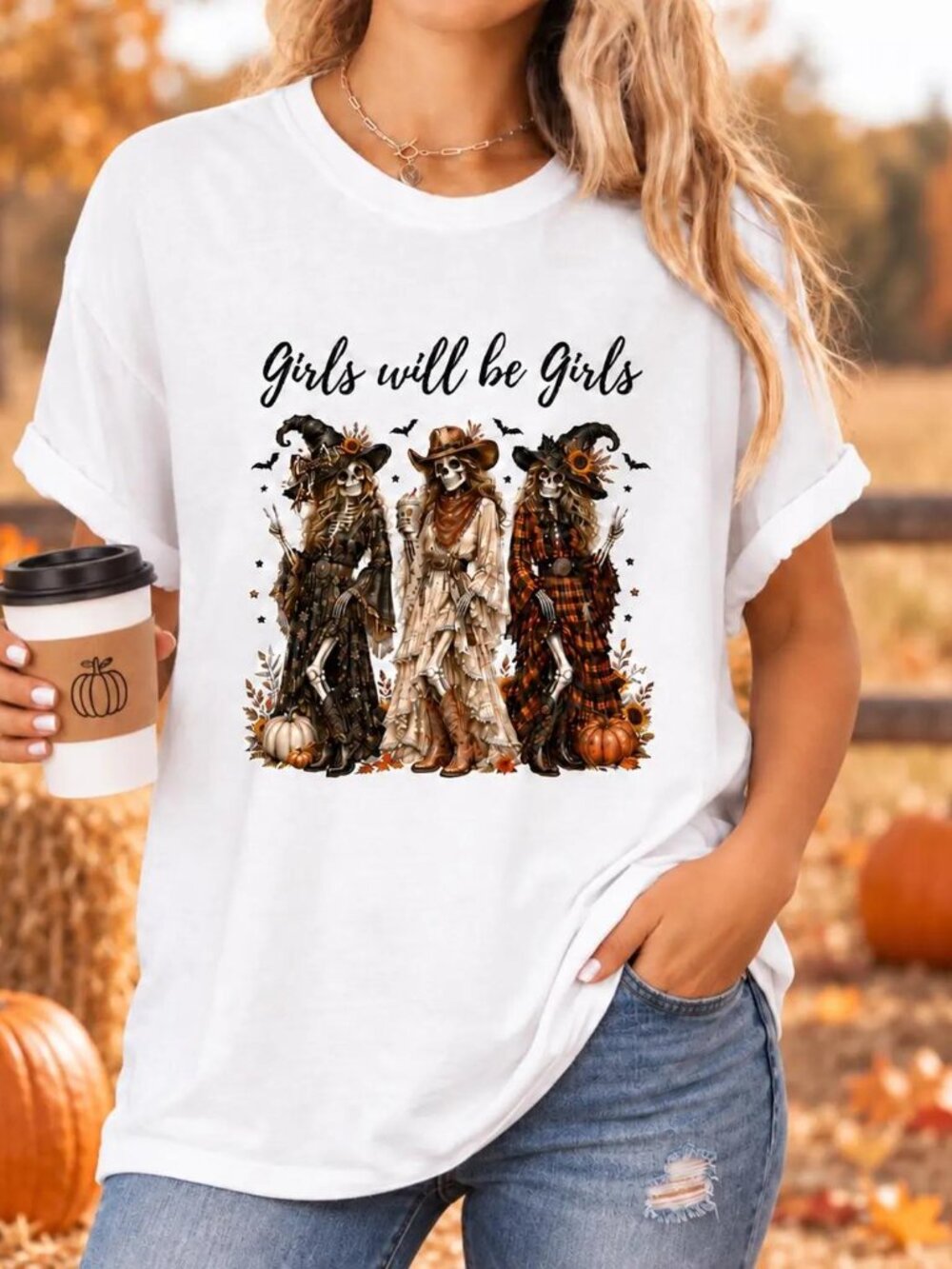 Girls Will Be Girls Halloween Shirt, Sâ® Skeleton Cowgirl Tee